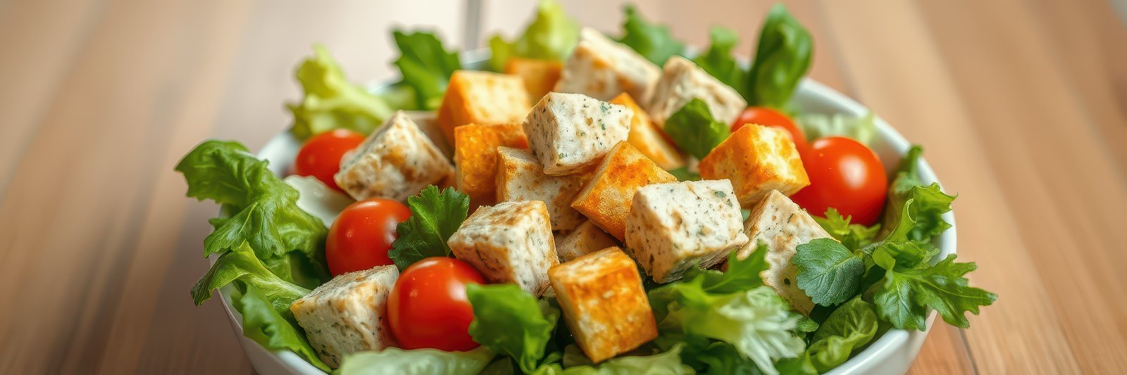 Fresh salad with grilled tofu, cherry tomatoes, and mixed greens served in a bowl at a casual dining setting